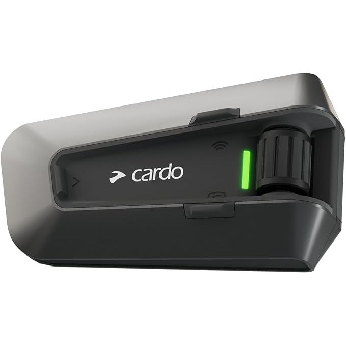 Cardo communication device with a green indicator light on a white background