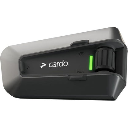 Cardo communication device with a green indicator light on a white background