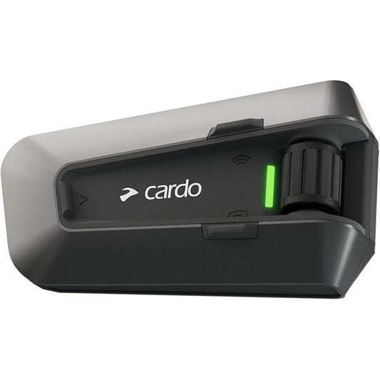 Cardo communication device with a green indicator light on a white background